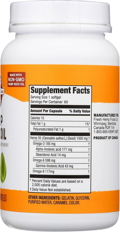 Manitoba Harvest Hemp Seed Oil Softgels, 2,475mg of Plant Based Omegas 3,6 & 9 per serving including GLA, Fish Oil Alternative, 60 Count (Pack of 1) Packaging May Vary