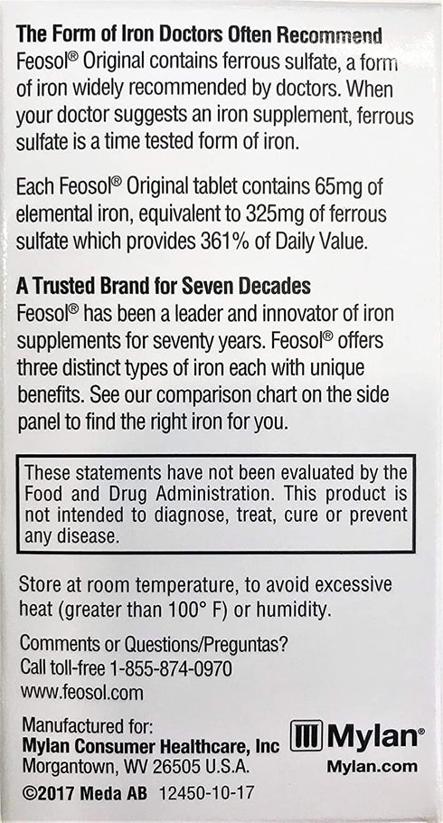 Feosol Original Iron Supplement Tablets, 325mg Ferrous Sulfate, 120ct, 1 Per Day for Energy and Immune Support