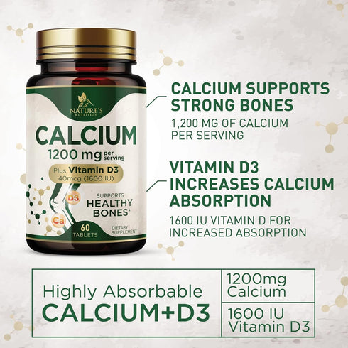 Calcium 1200 mg with Vitamin D3, Calcium Supplement for Bone Strength, Teeth & Immune System, 60 Tablets