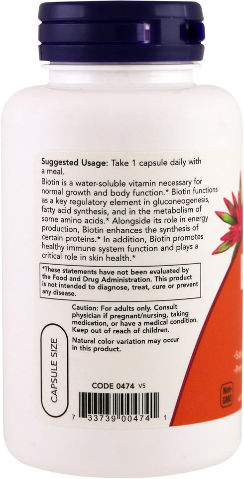 NOW Biotin 5,000 mcg, 120 VCaps, Pack of 2 Bottles