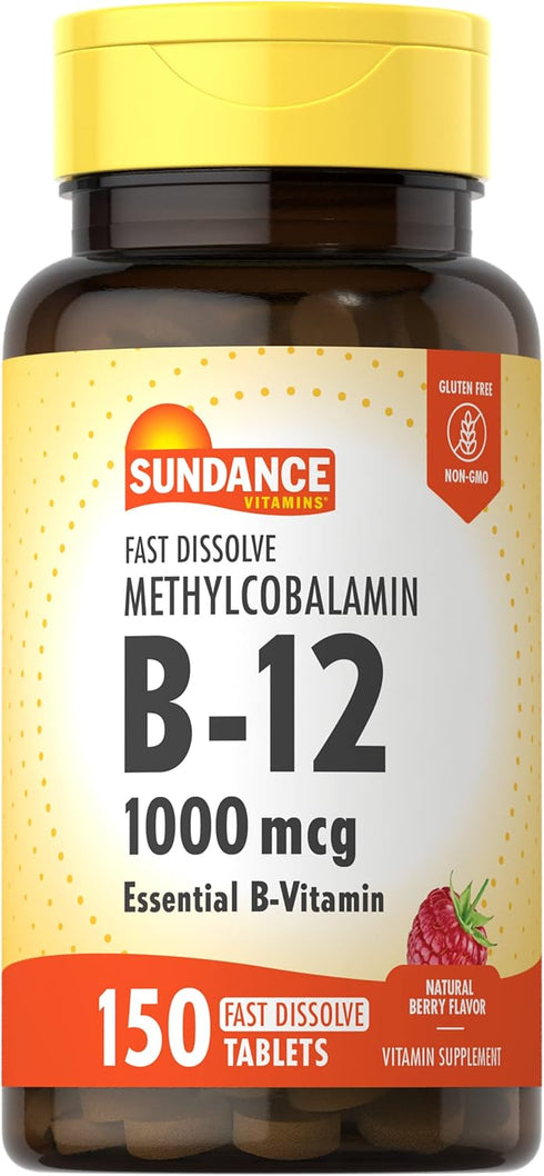 Sundance B-12 Methylcobalamin 1,000 mcg, 150 Fast Dissolve Tablets, Natural Berry Flavor, Vegetarian, Non-GMO, Gluten