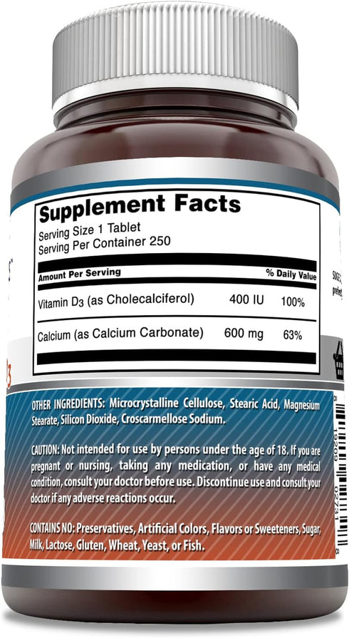Amazing Formulas Calcium with Vitamin D3 Supplement | 250 Tablets | Non-GMO | Gluten Free | Made in USA