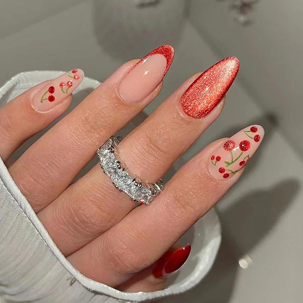 Press on Nails Medium Almond SWEKKE - Magnetic French Tip Fake Nails with Cherry Designs, 24Pcs Glossy Acrylic