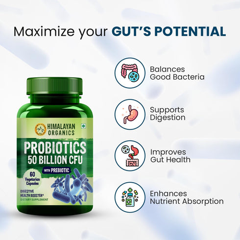 Organics Probiotics Supplement 50 Billion CFU - 60 Vegetarian Capsules with Prebiotics for Gut Health and Immunity