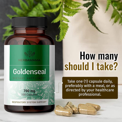 HERBAMAMA Goldenseal Root Capsules - Organic Herb Powder for Respiratory & Digestive Health, 100 Capsules