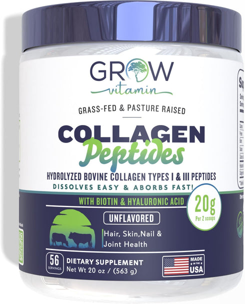 grow vitamin Collagen Peptides Powder | Grass Fed Bovine Type I & III, Promotes Hair, Nail, Skin Health, 20 OZ