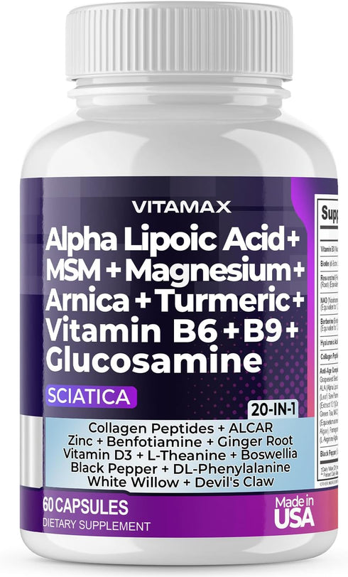 Sciatica Nerve Health Support Supplement Capsules with Folic Acid, Glucosamine, MSM & Vitamin B Complex (60 Count)