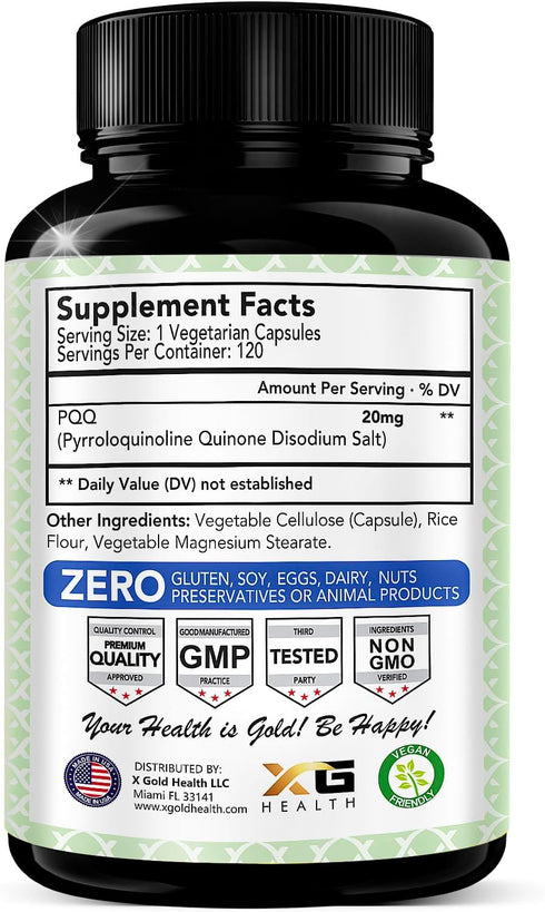 PQQ Supplement Veggie Capsules (Pyrroloquinoline Quinone), 99,7%+ Highly Purified - Promotes Mitochondrial Biogenesis, Energy Optimizer, Heart Health, Cognitive Function & Sleep Support (120 CT)