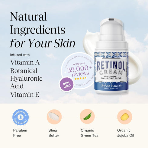 LilyAna Naturals Retinol Cream for Face - Anti Aging Moisturizer for Face and Neck, Wrinkle Cream - 0.5oz Made in USA