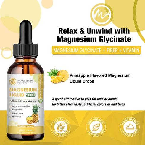 Magnesium Glycinate Liquid - 2 Pack - 1000mg Magnesium Liquid Supplement with Cellulose Fiber, Bromelain, Vitamins B6,