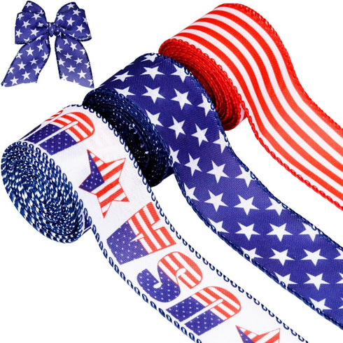3 Rolls Patriotic Wired Edge Ribbon, 9.9 Yards, Red, White, Blue for 4th of July Crafts, Decoration, 1.5 Inch Width