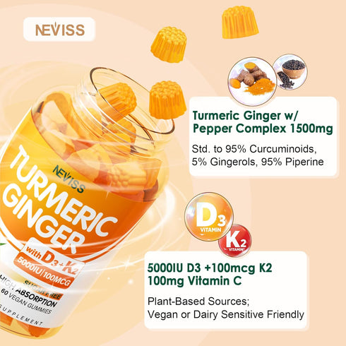 Sugar Free Turmeric Ginger Gummies - 1500mg with 5000 IU Vitamin D3 & K2 - Vegan Gummies for Comfort, Flexibility,