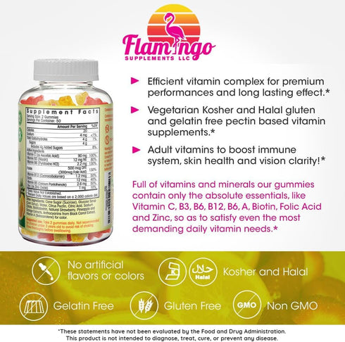 Multivitamin Gummies | Vegan Friendly, Kosher Halal NO gluten or gelatin, no GMO| for Men, Women & Kids| 3 Natural Flavors | Vitamins C, B3, B12, Biotin, Zinc & More| 100 Gummies