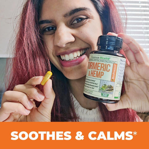 Turmeric and Hemp Capsules - Vegan Joint Support Supplement with Curcumin, Black Pepper & Lemon Balm