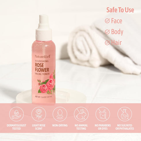 NATURE WELL Rose Water Hydrating Facial Toner Mist, 4 Fl Oz for Dewy & Radiant Skin