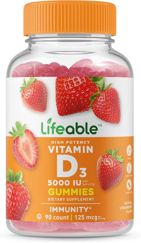 Lifeable Vitamin D 5000 IU - Gummy Supplement for Strong Bones, 90 Gluten Free Vegetarian Gummies