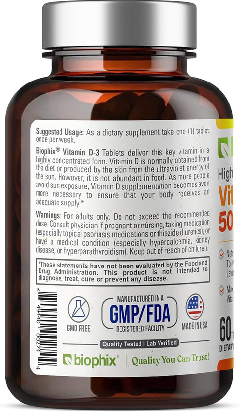 biophix Vitamin D-3 50000 IU, 60 Tablets, High-Potency for Strong Bones & Immune Health