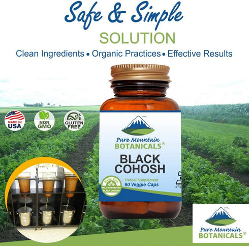 Pure Mountain Botanicals Black Cohosh Capsules - 90 Vegan Kosher Caps - 500mg Wild Black Cohosh Root for Menopause