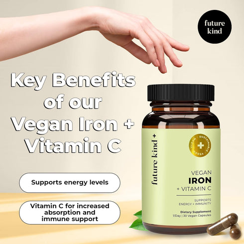Future Kind Vegan Iron Supplement with Vitamin C, 30 Iron Capsules in Glass Bottle - Iron Supplements for Men and