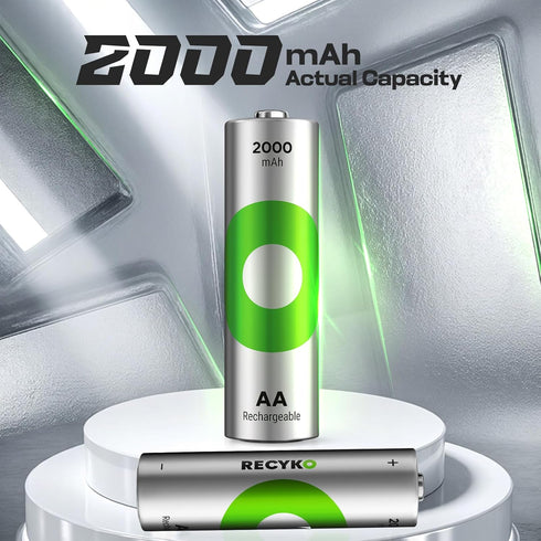 RECYKO 2000mAh 1000+ 6 Pack 8 Rechargeable AA Batteries Pre-Charged Re-use Times Retains Power After Years Rechargeable