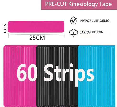 Kinesiology Tape Pro Sports (60 Precut Strips) for Pain Relief in Muscles & Joints, Waterproof Athletic Tape