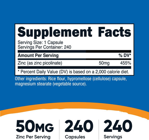 Nutricost Zinc Picolinate 50mg, 240 Vegetarian Capsules - Gluten Free and Non-GMO (240 Caps)