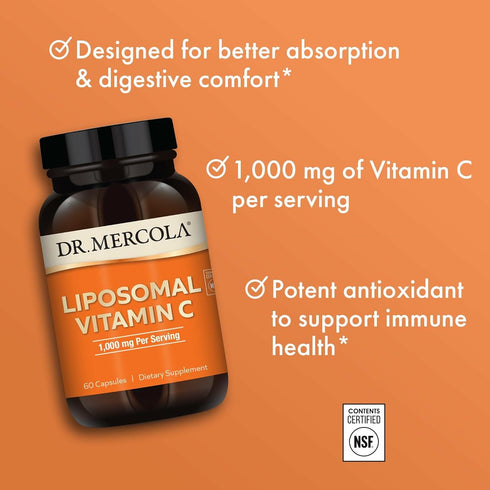 Dr. Mercola Liposomal Vitamin C, 1,000 mg for Brain, Heart, Eye & Immune Support - 60 Capsules