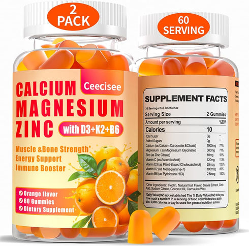 Calcium Magnesium Zinc Gummies with D3, B6 & K2, 1000mg Calcium Gummies for Adults and Teens, Sugar Free, 60 Count