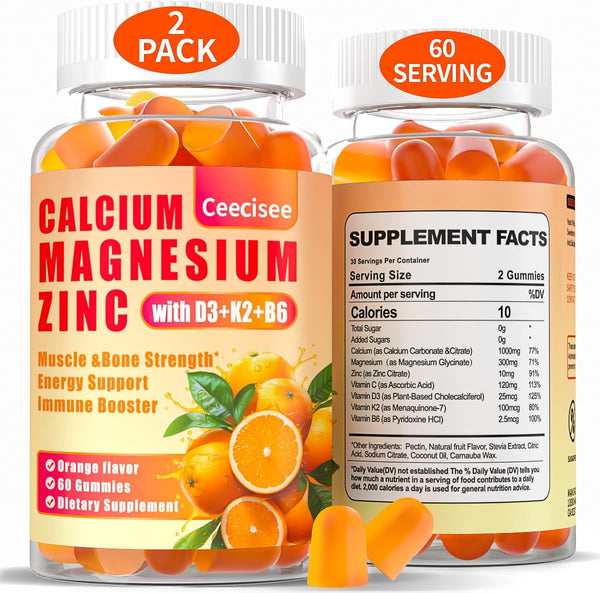 Calcium Magnesium Zinc Gummies with D3, B6 & K2, 1000mg Calcium Gummies for Adults and Teens, Sugar Free, 60 Count