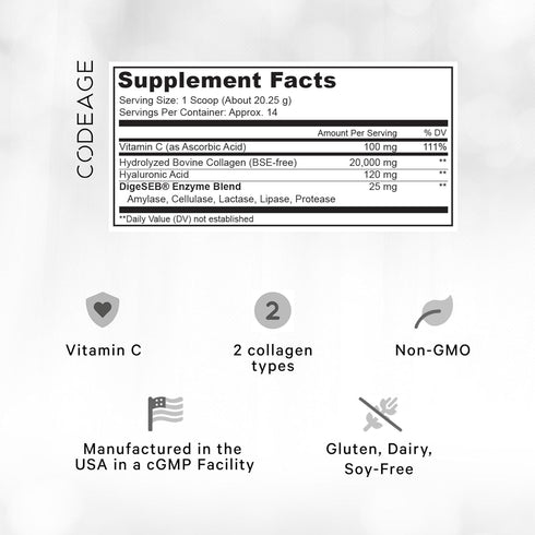 Codeage Collagen Peptides Powder + Vitamin C, Digestive Enzymes, Hyaluronic Acid, Amino Acids - Hydrolyzed Protein Collagen Type I & III Grass Fed Collagen - Non-GMO, Gluten-Free, Unflavored - 9.98 oz