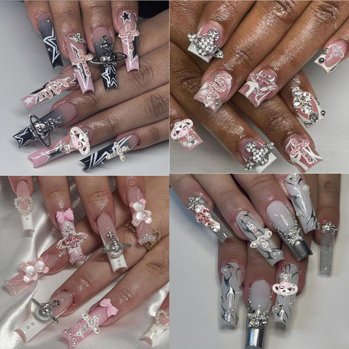 30 Pcs Nail Charms Pink Y2k Chrome Rhinestone Charms, 3D Cross Snake Saturn Shape with Planet Nail Gems