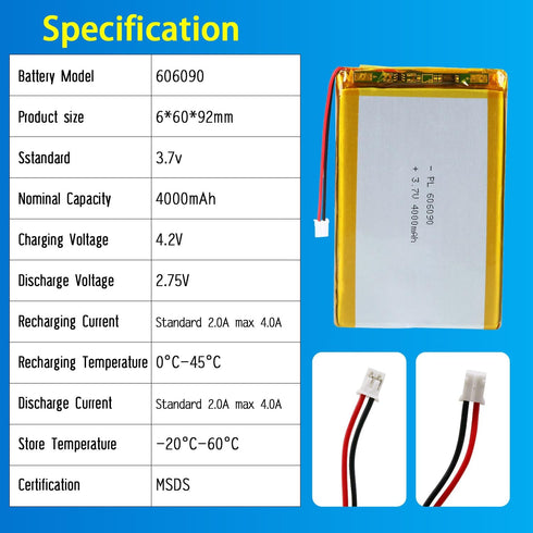 Qimoo 606090 3.7V 4000mAh 606090 Pack PH2.0mm Lipo Battery Rechargeable Lithium Polymer Battery with JST Connector