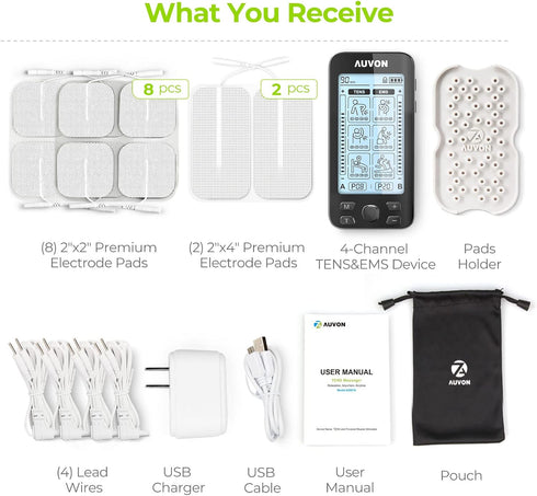 AUVON 4 Outputs TENS Unit EMS Muscle Stimulator Machine for Pain Relief Therapy with 24 Modes
