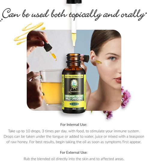 Louianna Organic Wild Oregano Oil Drops, Pure Oil of Oregano with 80% Carvacrol, 30 mL