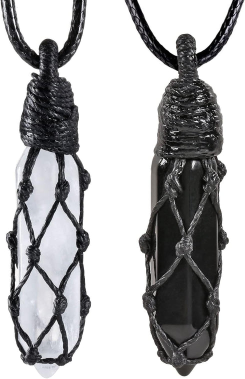 SUNYIK Pack of 2 Black Obsidian & Rock Quartz Pendant Necklace for