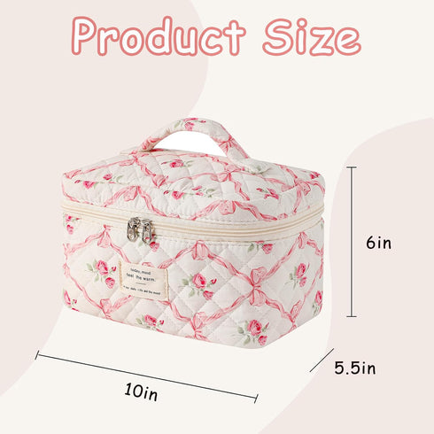 Large Quilted Makeup Bag for Women and Girls, Cute Coquette Floral Cotton Cosmetic Bag, Aesthetic Travel Organized Toiletry Bags (01Pink Bows)
