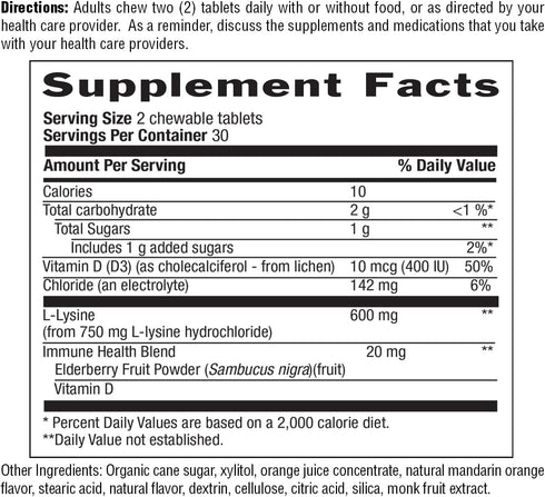 Country Life Chewable L-Lysine Supplement with Vitamin D and Elderberry, Immune Support for Adults