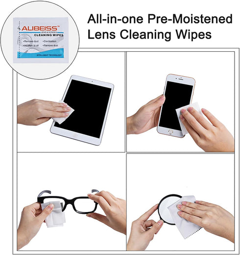 Surfaces,Pack 100 Pre-Moistened Lens Wipes ALIBEISS Screen Wipes for Glasses, Camera,Tablets, Smartphone, Screens