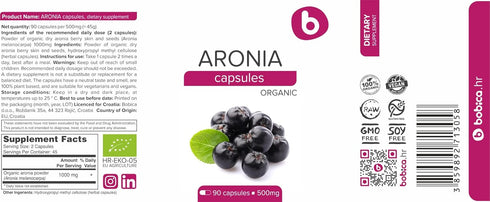 Organic Aronia Berry Capsules – Black Chokeberry Supplement with Natural Anthocyanins, 500mg, 90 Vegan Capsules