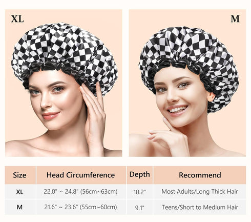 mikimini Shower Cap for Women and Girls | Elegant Chessboard Design, Double-layer Waterproof, Reusable, Medium