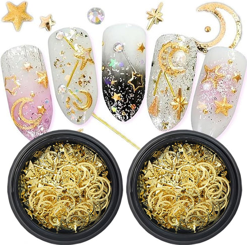 2 Box Gold Star Moon Nail Charms, 3D Metallic Studs Rhinestones for Women Girls Nail Art