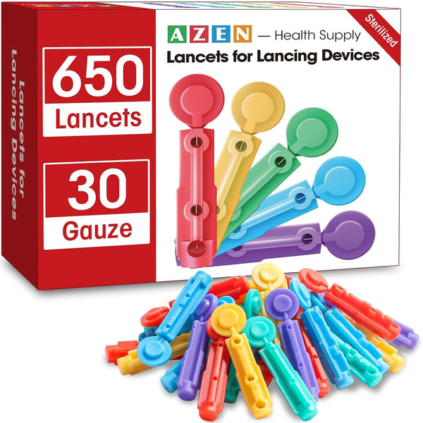 AZEN 650 Pcs Multicolored Lancets for Diabetes Testing, 30 Gauge Blood Sugar Lancets for Lancing Device