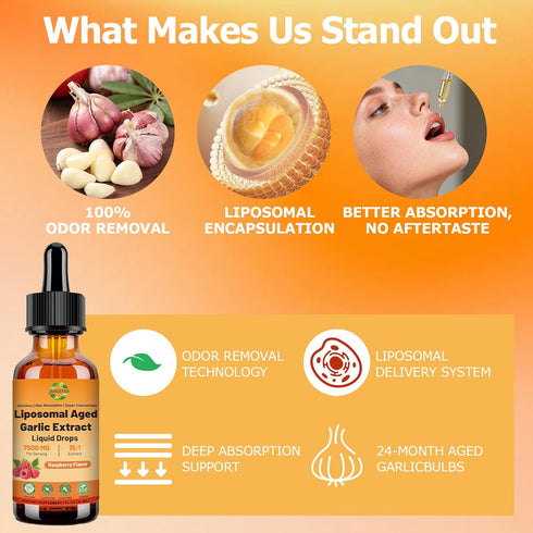 JUIWEFKK 500 15:1 Immune Aged Garlic Extract Liquid Drop mg per Serving, Extract, Odorless, Liposomal Technology
