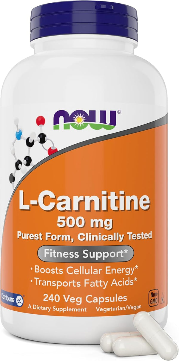 NOW Foods L-Carnitine 500 mg, 240 Veg Caps, Fitness Support, Non-GMO, Vegan/Vegetarian Amino Acid Health Supplement
