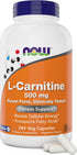 NOW Foods L-Carnitine 500 mg, 240 Veg Caps, Fitness Support, Non-GMO, Vegan/Vegetarian Amino Acid Health Supplement