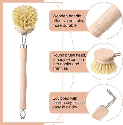 Maxdot 10 2 Inch Pcs Kitchen Dish Brush with Beechwood Handle Natural Wooden Handle Scrub Brush Fiber Bristles Dish