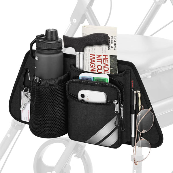 FINPAC Rollator Side Storage Bag with Cup Holder for Bariatric Walkers, Wheelchairs