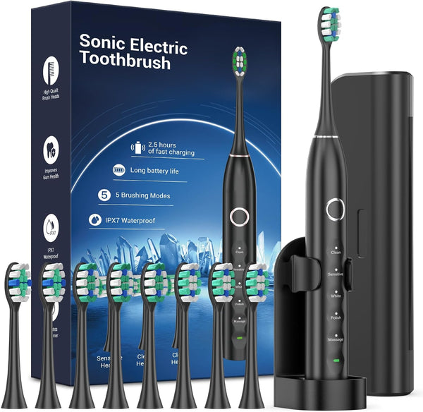 Upgraded Sonic Electric Toothbrush for Adults, Black, 8 Brush Heads, IPX7 Travel Case, 5 Modes, Smart Timer