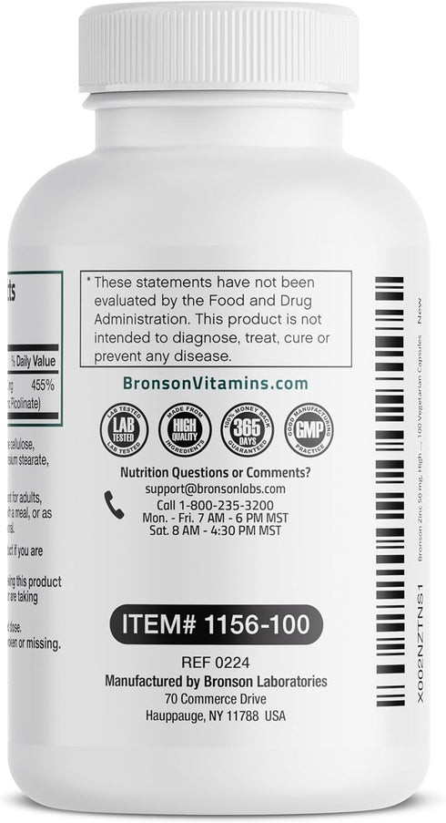 Bronson Zinc 50mg Complex (Zinc Oxide & Zinc Picolinate) High Potency Immune Support Supplement, 100 Vegetarian Capsules