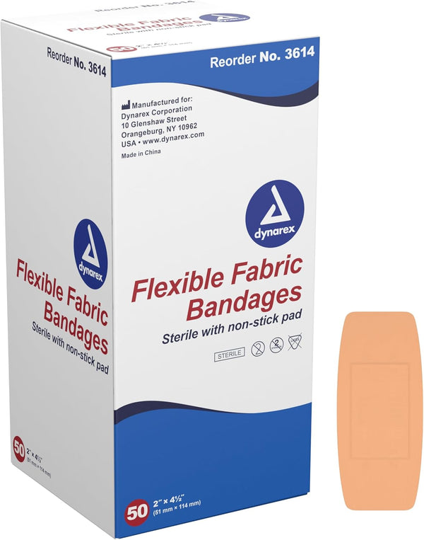 Dynarex 3614 Fabric Adhesive Bandage, Sterile & Flexible, Non-Stick Pads, 2x4-1/2", Pack of 50